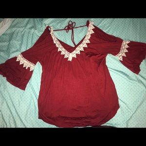 Red w/ white lace detail long sleeve open shoulder